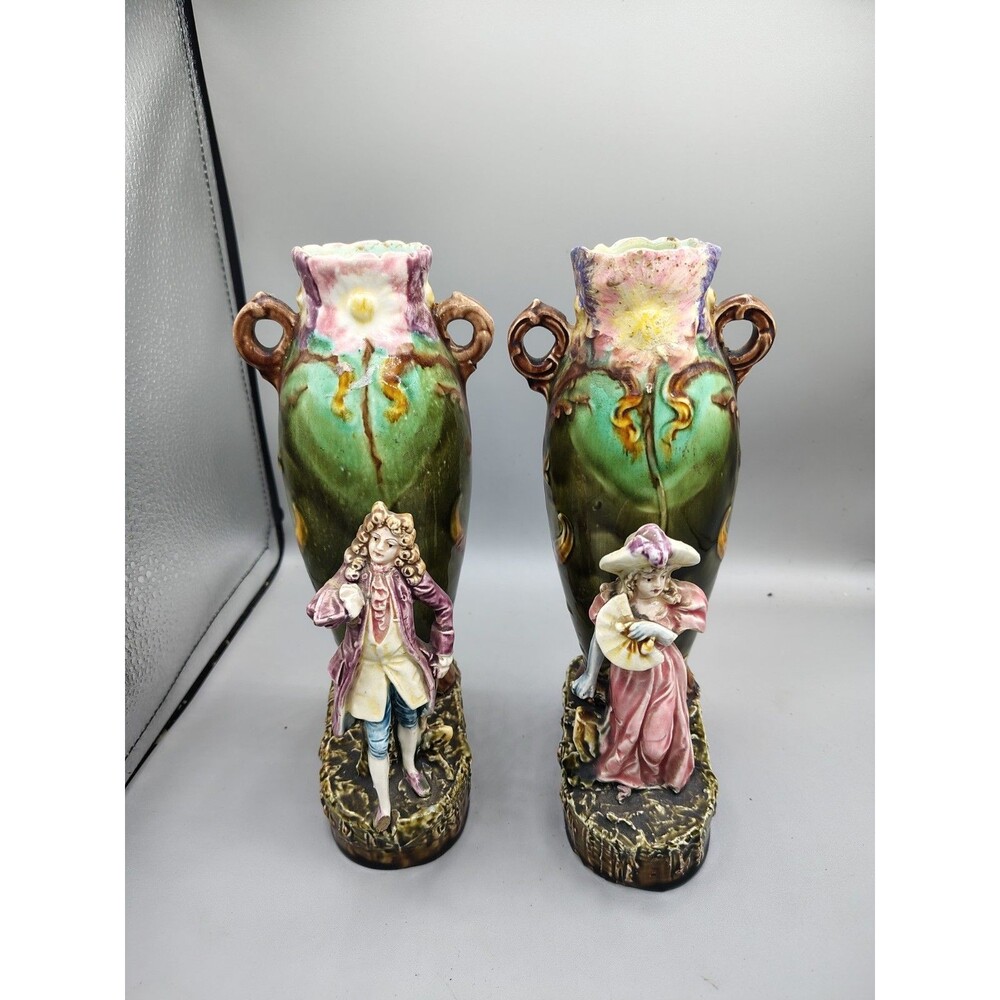 2-antique 1890's ~MAJOLICA old Victorian-era HAND-PAINTED vases. Ladies Arm Brok
